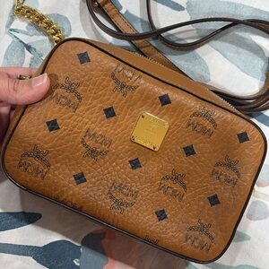 MCM Tan Leather Crossbody with Gold Chain